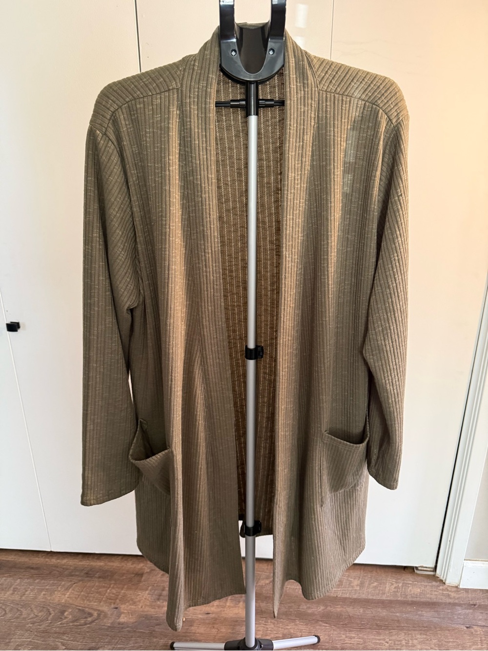 Long Open-Front Ribbed Cardigan - Olive Tone